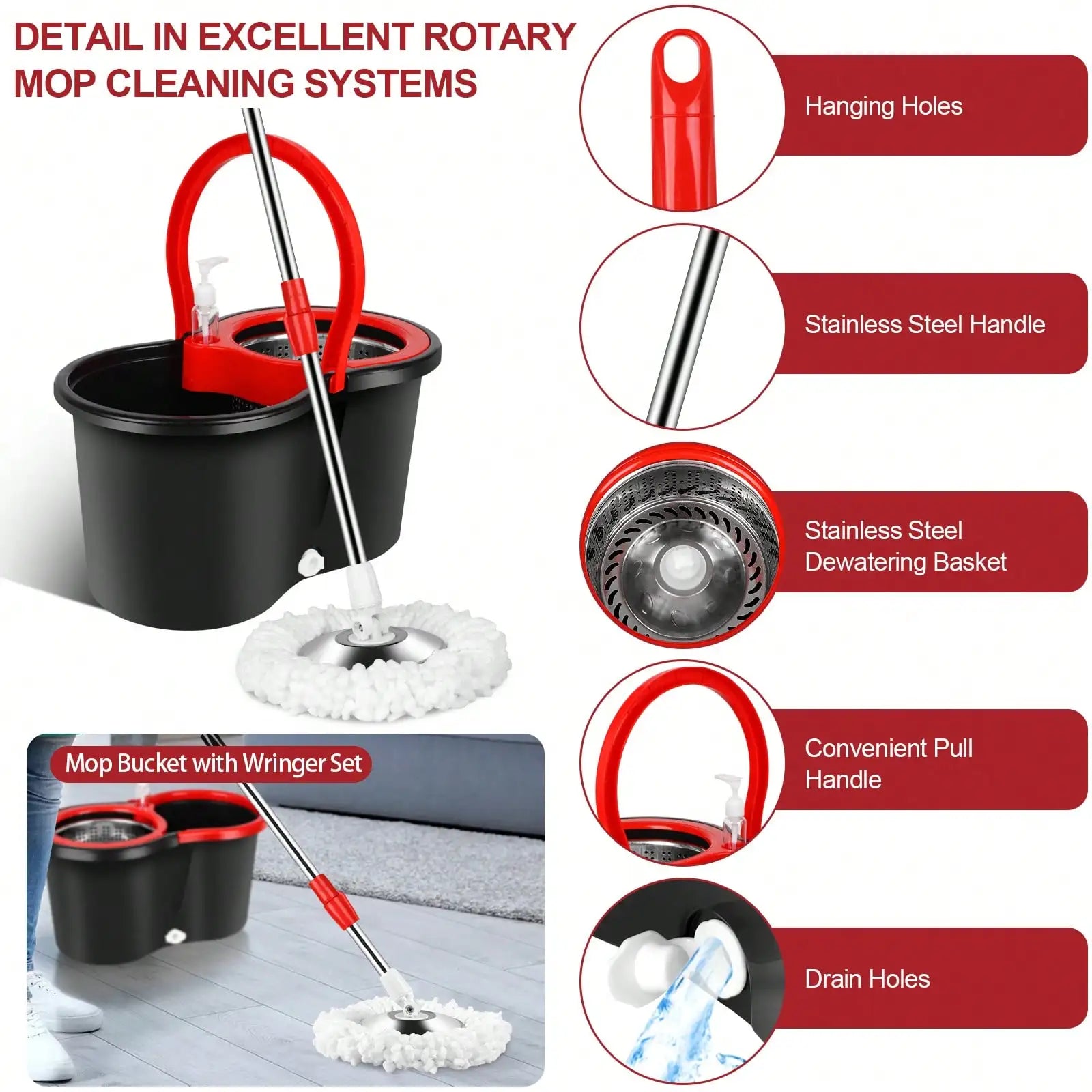 360° Spin Mop Bucket Sets with Wring System in 3 Microfiber Heads, Stainless Steel Basket 61" Extended Handle Floor Cleaning