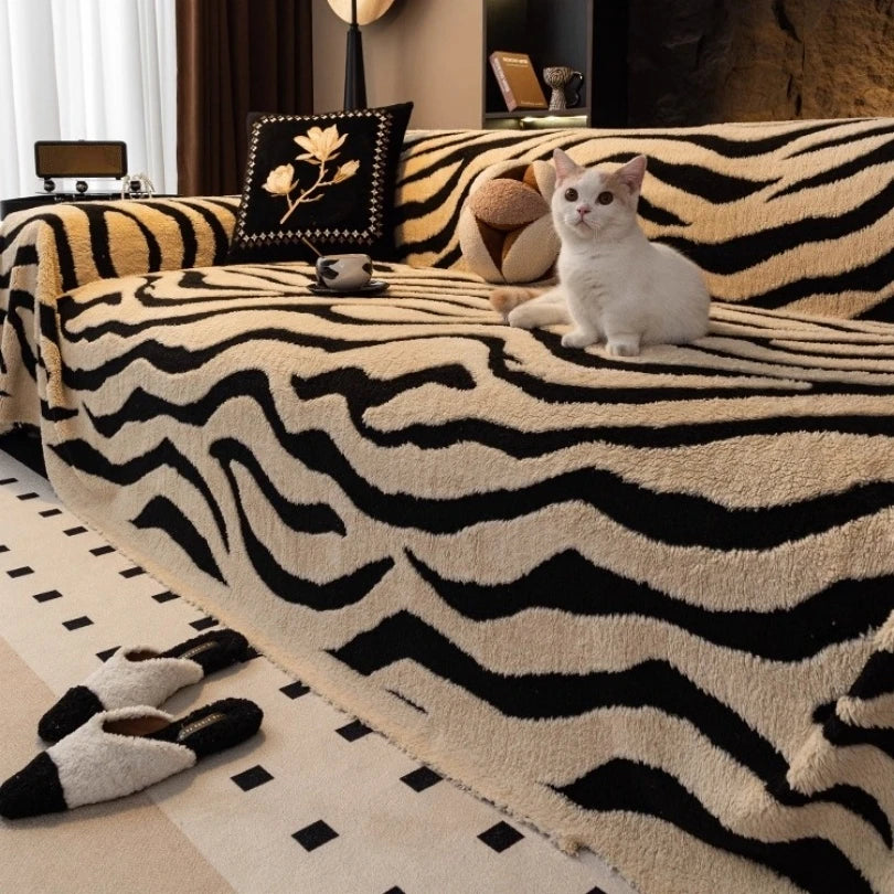 1pc Zebra Stripes Jacquard Contrast Colour Warm Fleece Sofa Towel, Sofa Winter Leisure Blanket for Living & Bed Room Decor