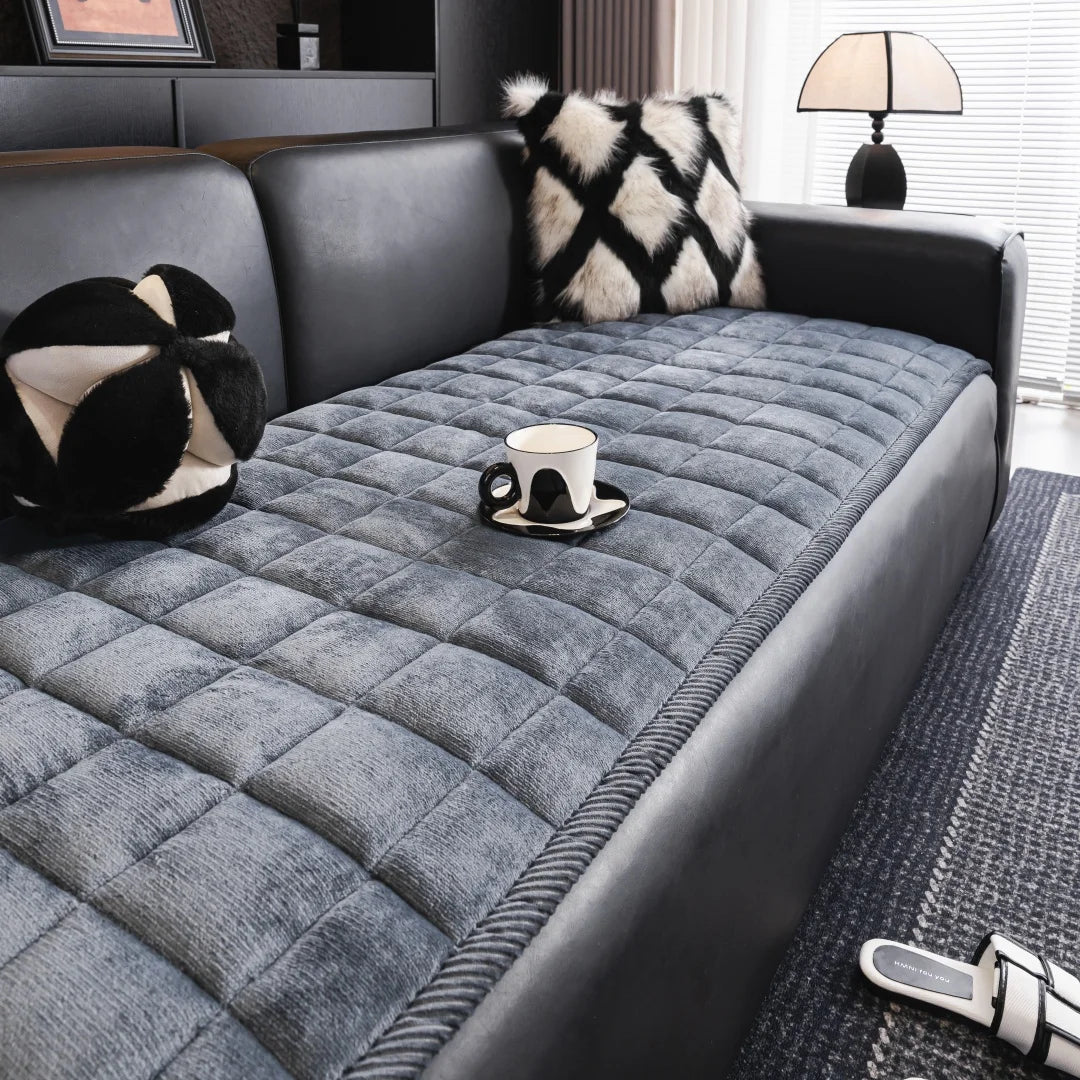 Thicken Squares Quilting Solid Sofa Cover, Delicate Wide Bording Sofa Pad with Filling Sofa Towel for Living Room Couches
