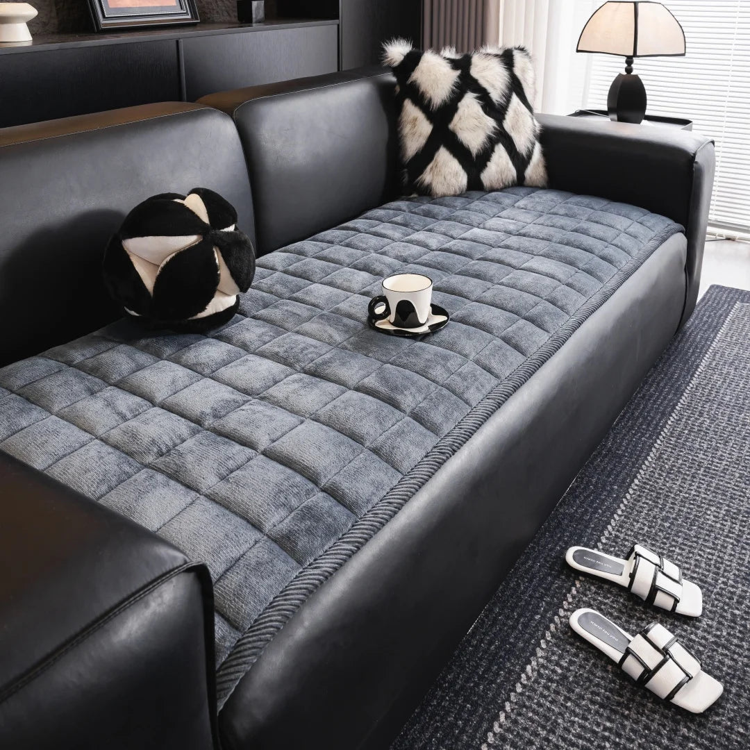 Thicken Squares Quilting Solid Sofa Cover, Delicate Wide Bording Sofa Pad with Filling Sofa Towel for Living Room Couches