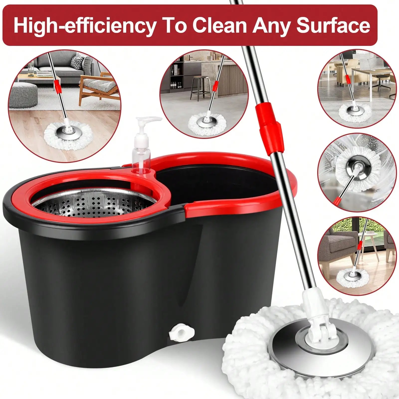 360° Spin Mop Bucket Sets with Wring System in 3 Microfiber Heads, Stainless Steel Basket 61" Extended Handle Floor Cleaning