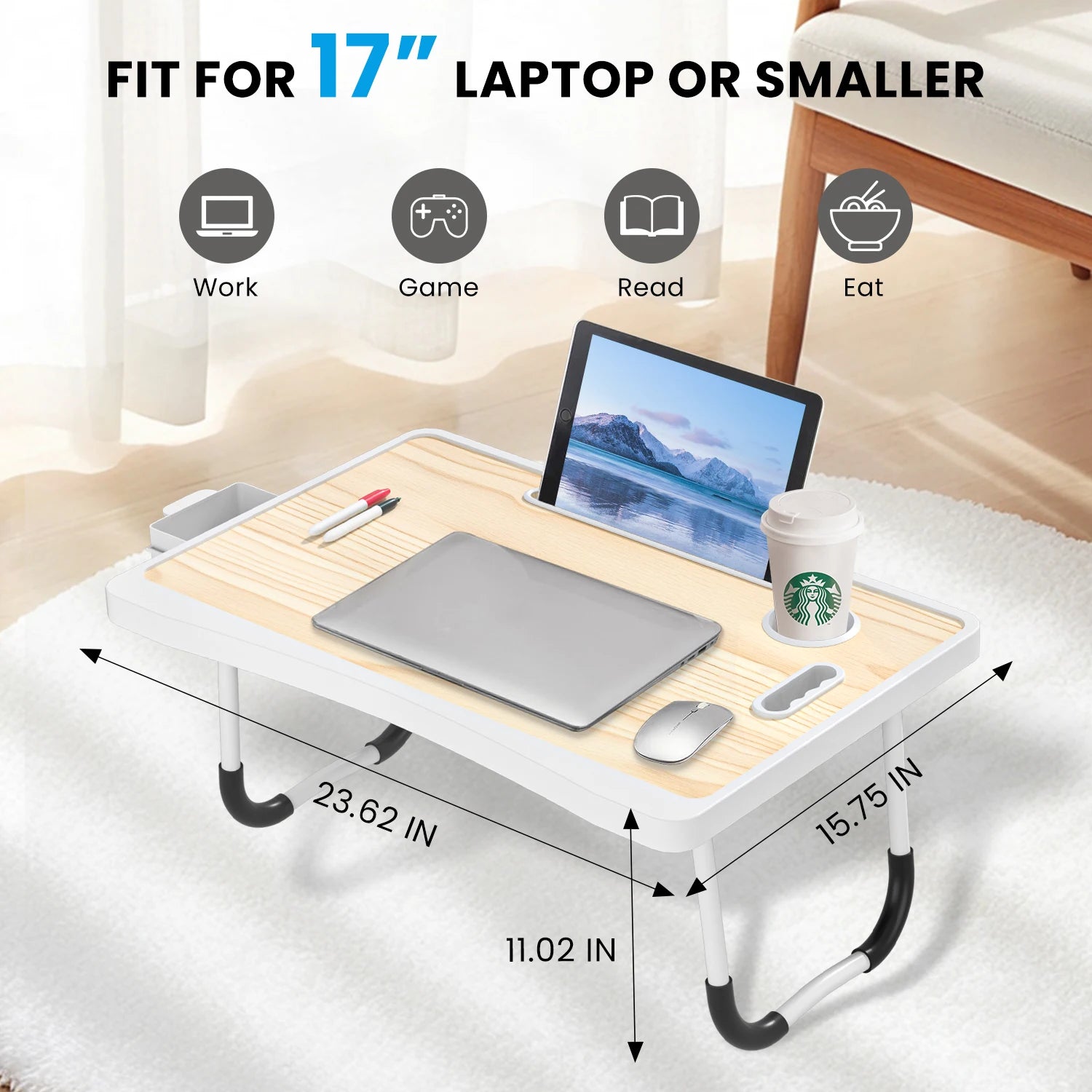 Extra-large multifunctional folding desk, portable multi-color wooden laptop bed desk with cup holder, suitable for work, readin