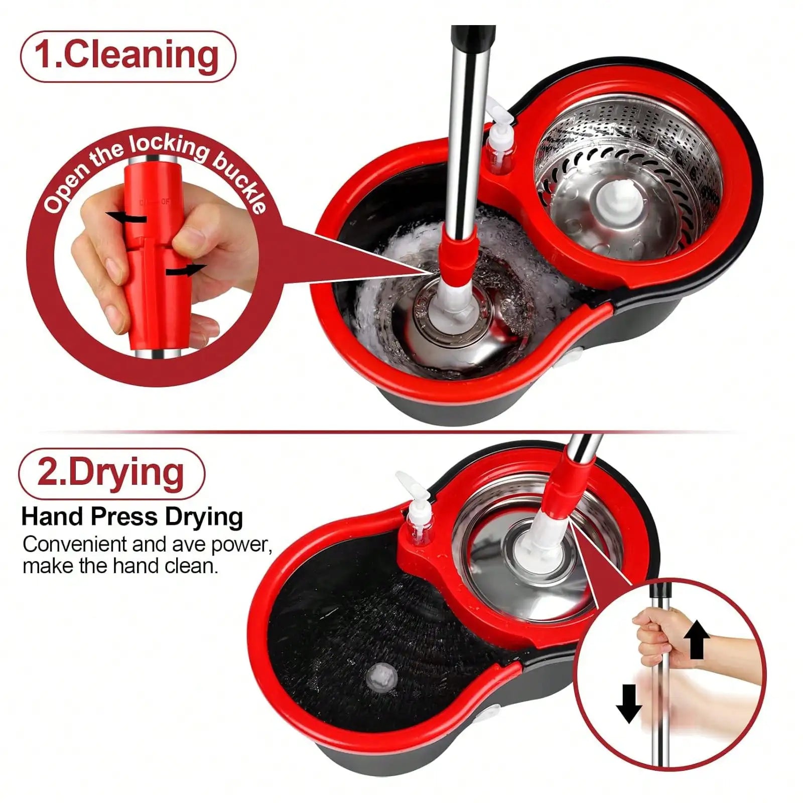 360° Spin Mop Bucket Sets with Wring System in 3 Microfiber Heads, Stainless Steel Basket 61" Extended Handle Floor Cleaning