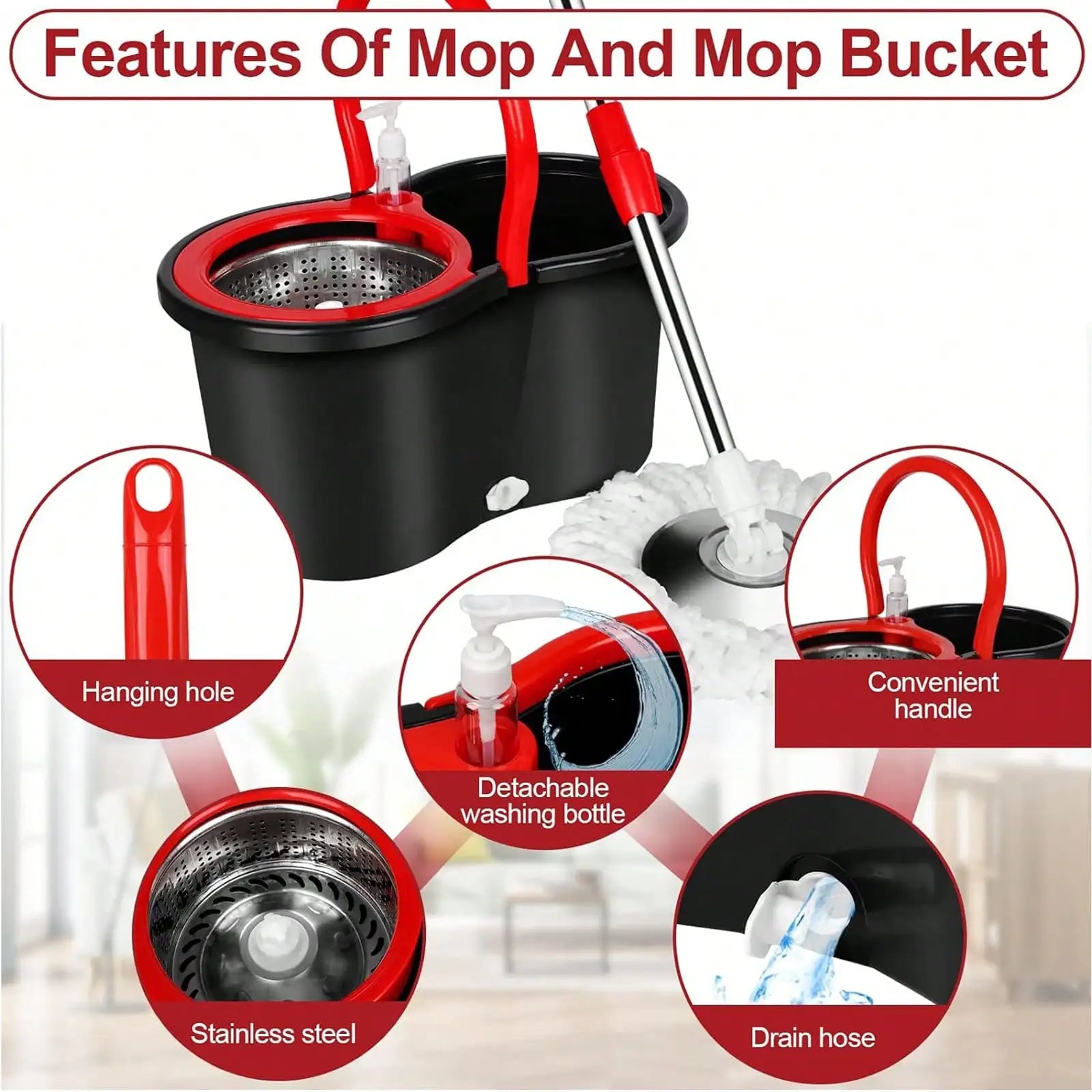 360° Spin Mop Bucket Sets with Wring System in 3 Microfiber Heads, Stainless Steel Basket 61" Extended Handle Floor Cleaning