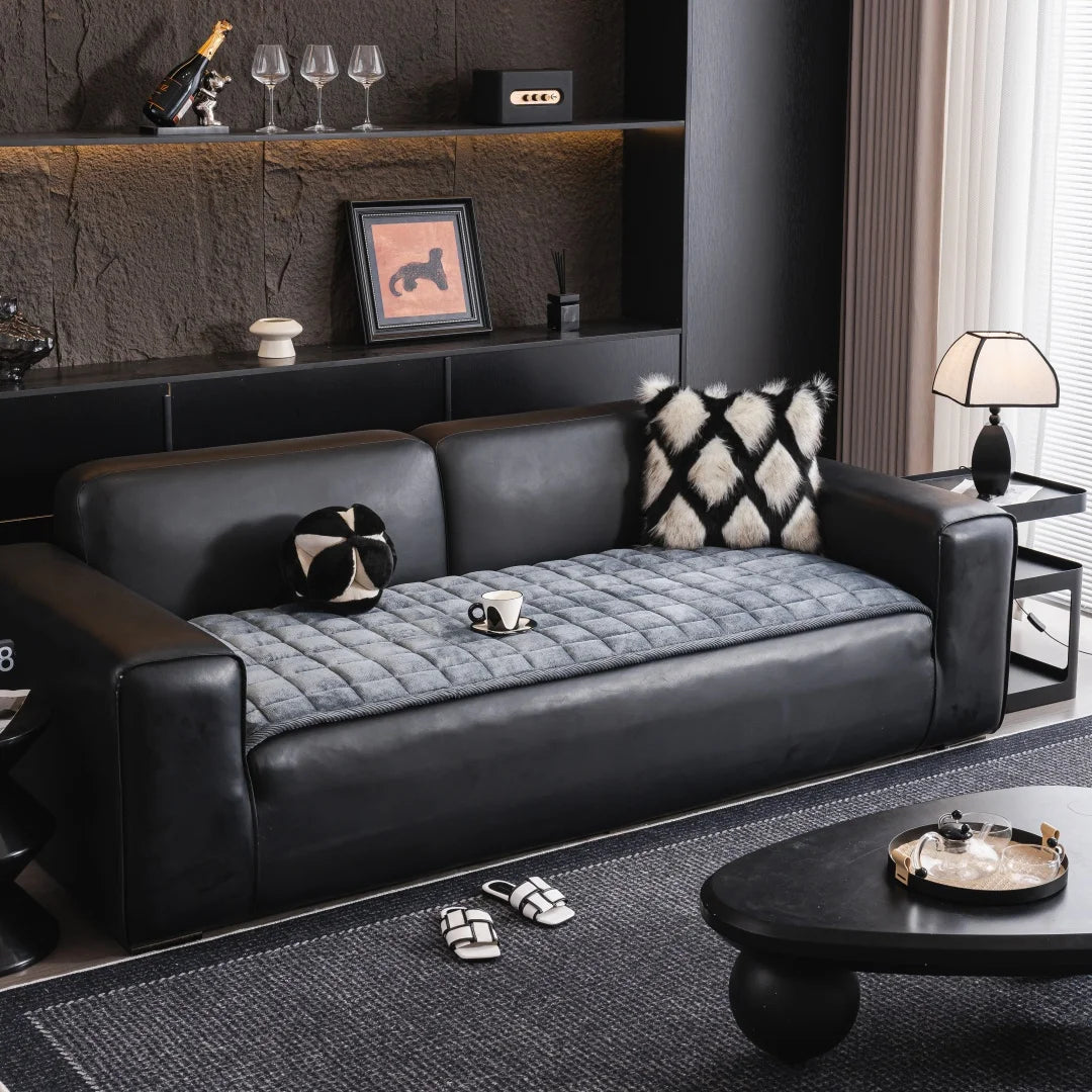 Thicken Squares Quilting Solid Sofa Cover, Delicate Wide Bording Sofa Pad with Filling Sofa Towel for Living Room Couches