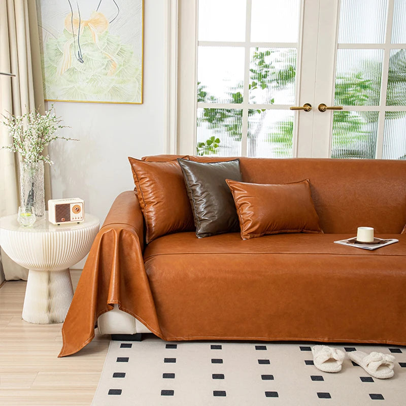 1pcs Solid Color Waxed Imitation Leather Sofa Cover, Multi-Functional All-Season Thick Sofa Throw, Fits Arm Sofa, Sofa Bed